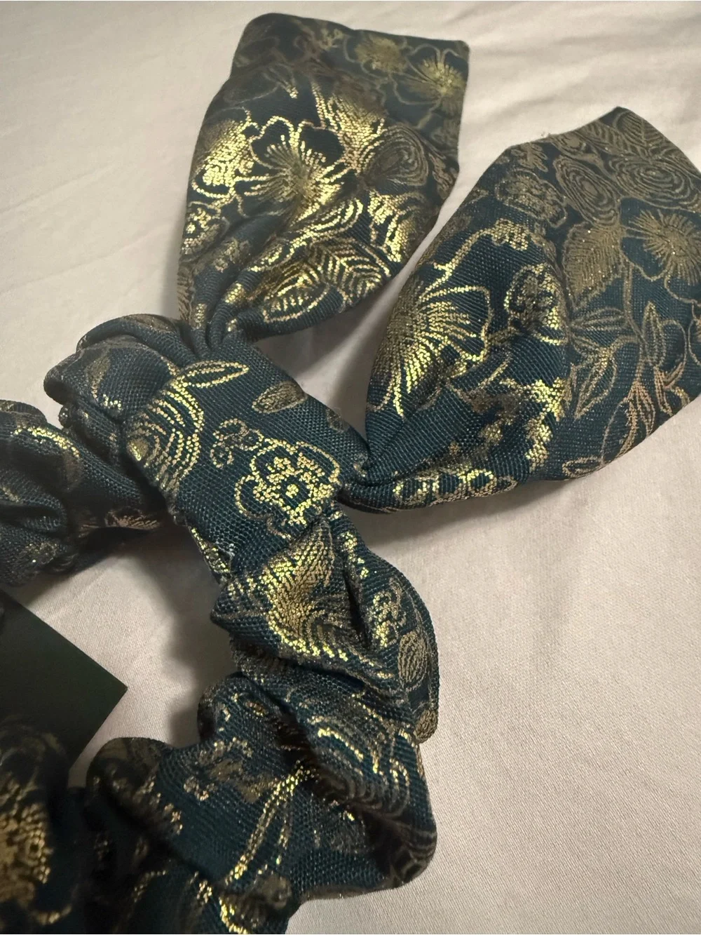 NWT Rifle Paper Co Hair Scrunchie / Bow Deep Green and Gold Floral